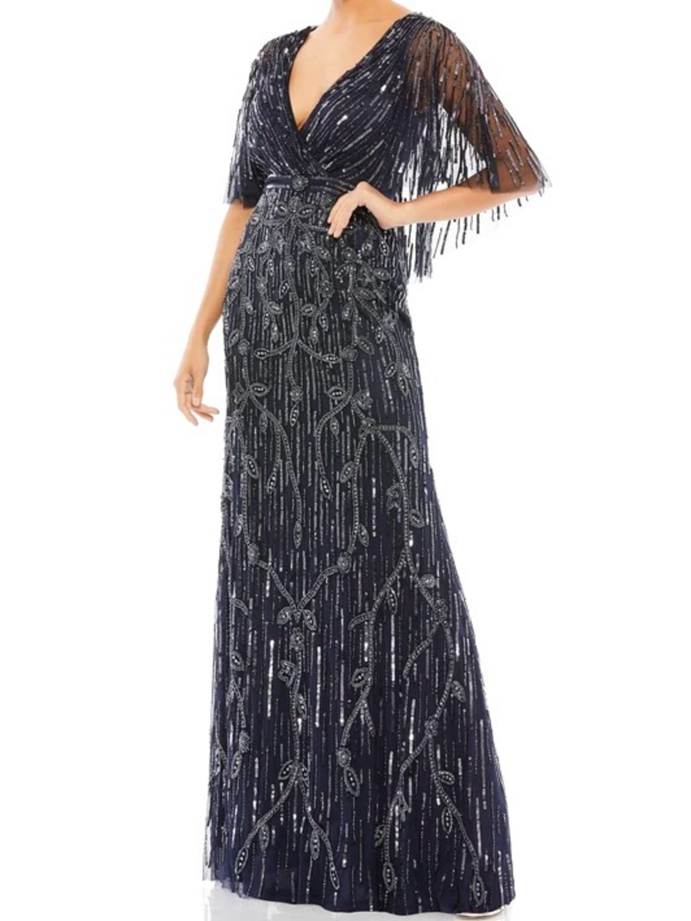 Mac Duggal Midnight Navy Blue Sequin Beaded Cape Sleeve V Neck Formal Gown NWOT